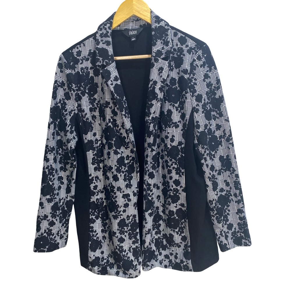 Slim Factor by Investments Blazer Jacket‎  Large Black White Floral Plaid Knit